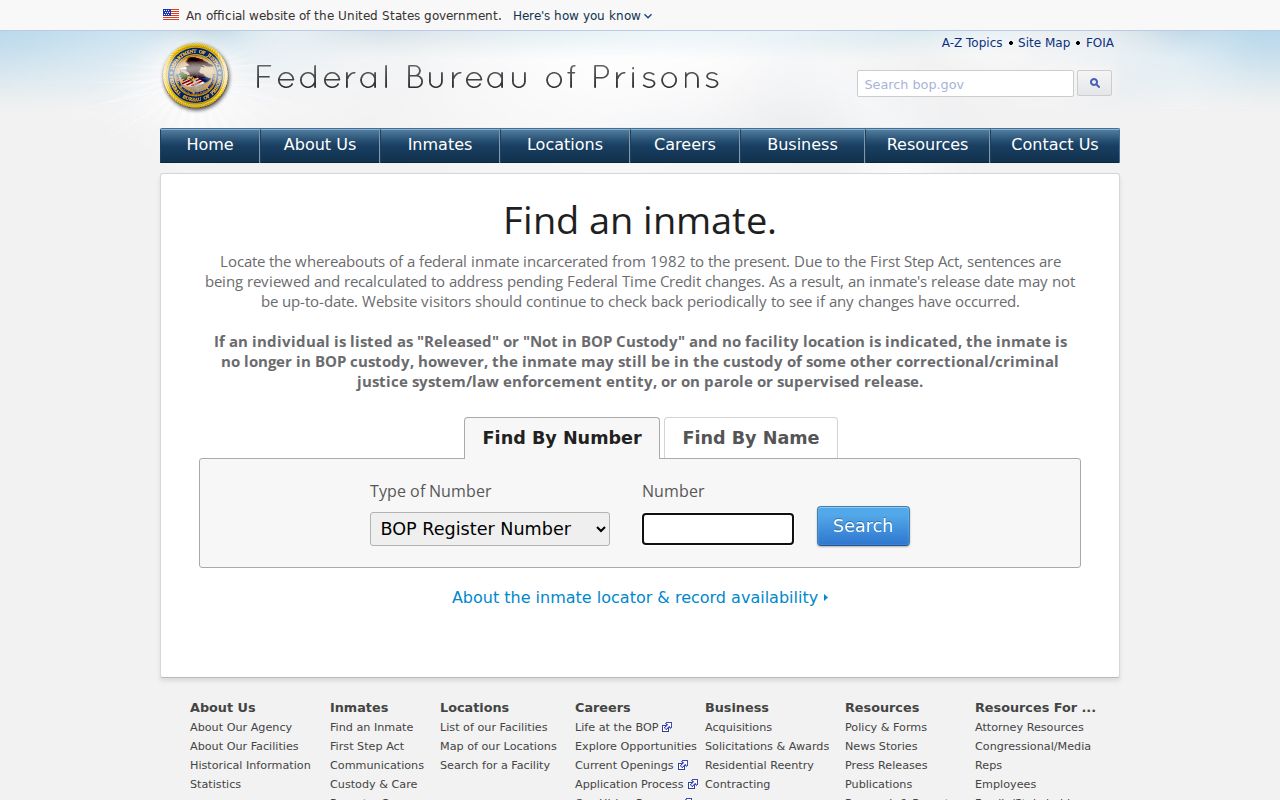 Federal Bureau of Prisons Inmate Locator official search page