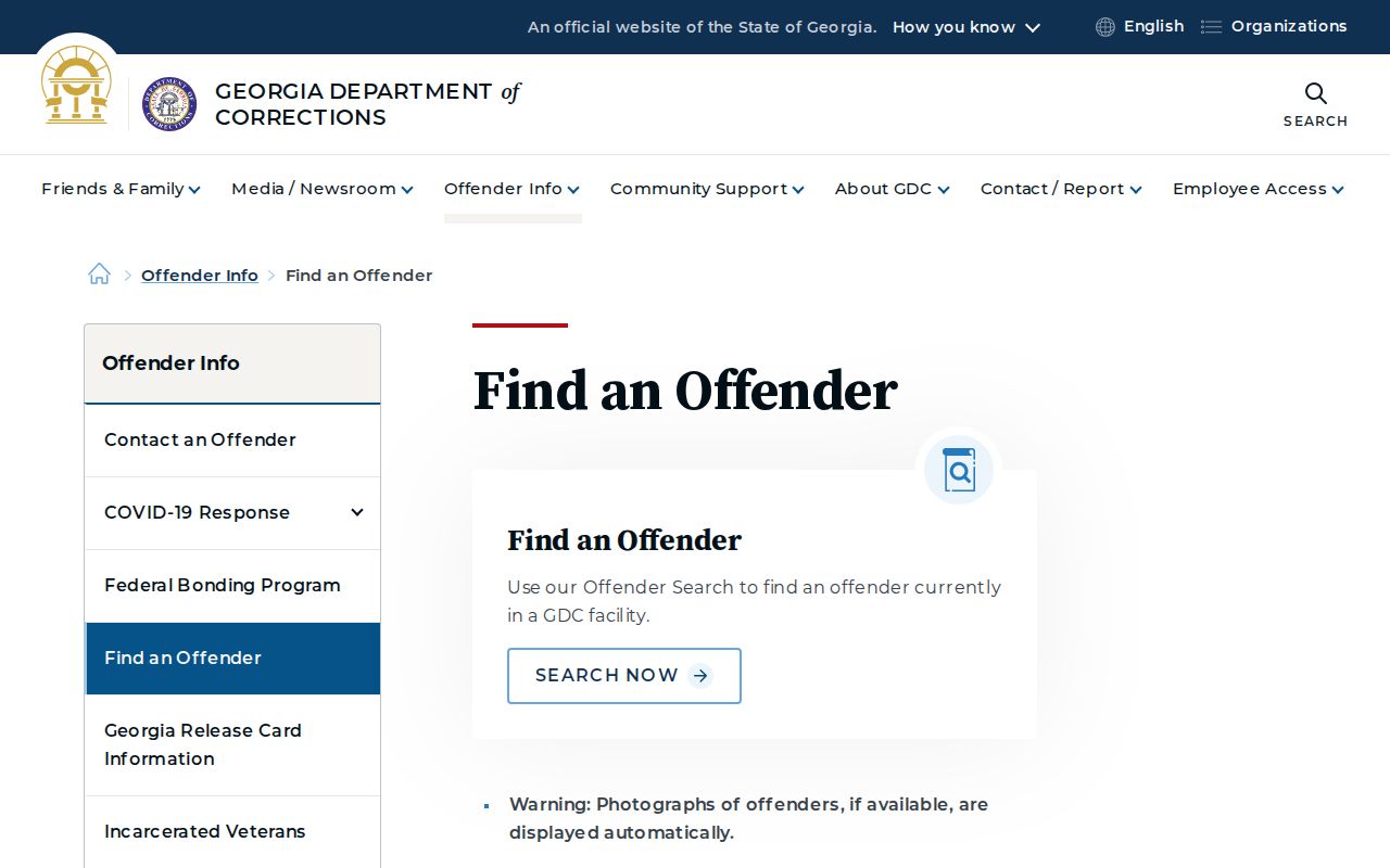 Georgia Department of Corrections Offender Search entry page