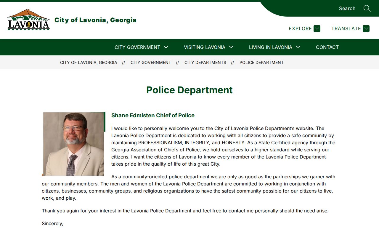 Official Lavonia Police Department page listing police record services