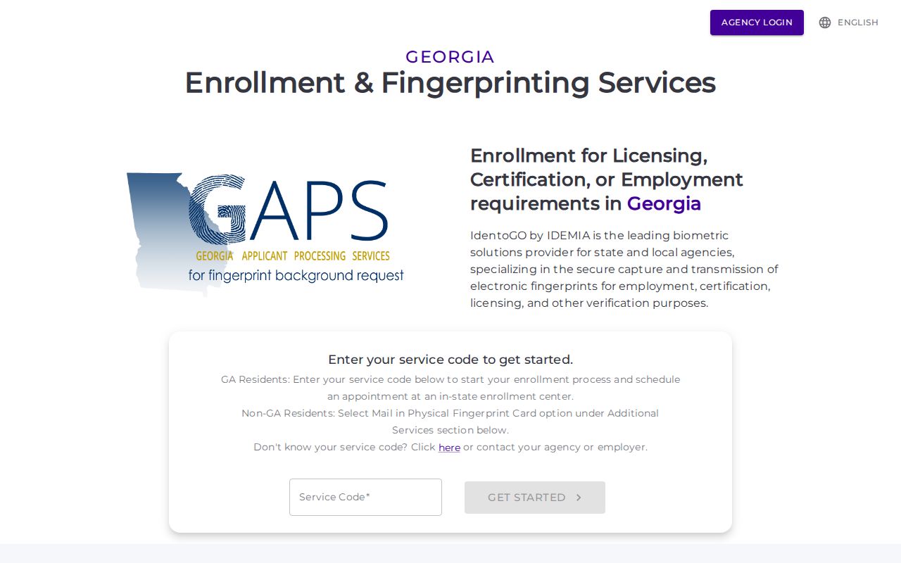 Georgia Applicant Processing Service service-code registration interface